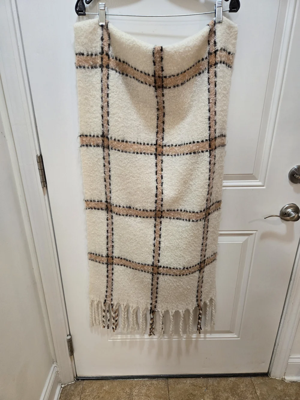 Pilcro Cream Plaid Fringe Scarf with Tan and Black Accents